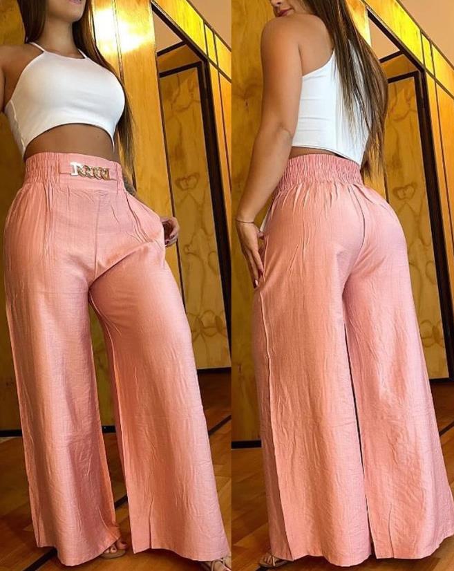 Casual Women High Waist Pants Chain Decor Europe & America Fashion Plain Pocket Design Daily Vacation Women's Wide Leg Trousers - Image 4