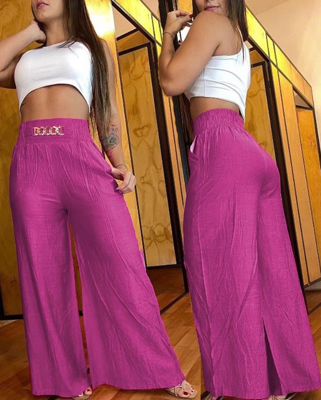 Casual Women High Waist Pants Chain Decor Europe & America Fashion Plain Pocket Design Daily Vacation Women's Wide Leg Trousers - Image 7