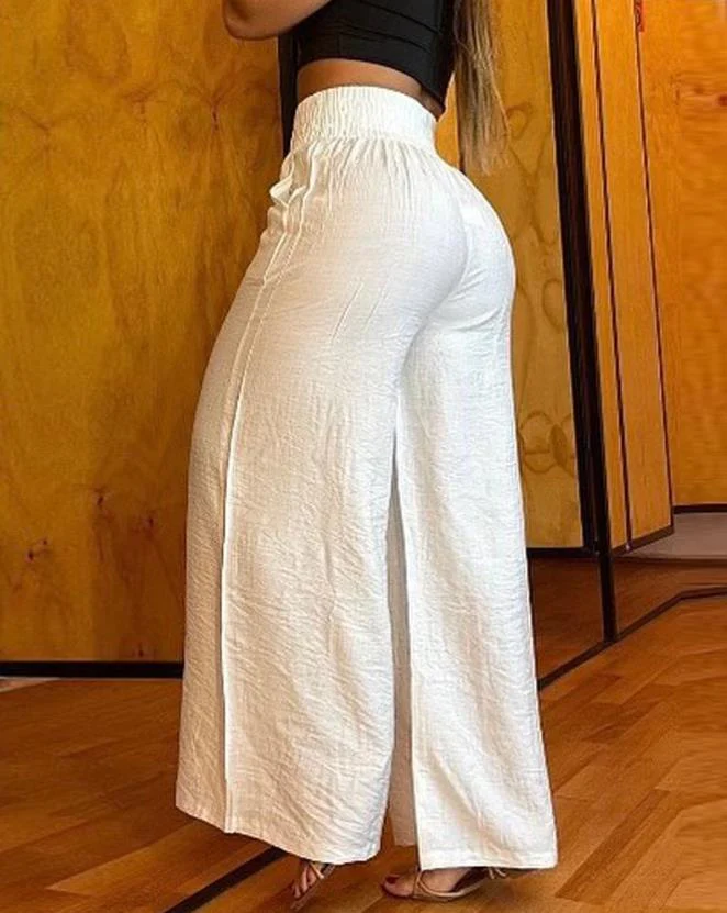 Casual Women High Waist Pants Chain Decor Europe & America Fashion Plain Pocket Design Daily Vacation Women's Wide Leg Trousers - Image 8