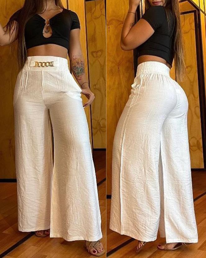 Casual Women High Waist Pants Chain Decor Europe & America Fashion Plain Pocket Design Daily Vacation Women's Wide Leg Trousers - Image 9
