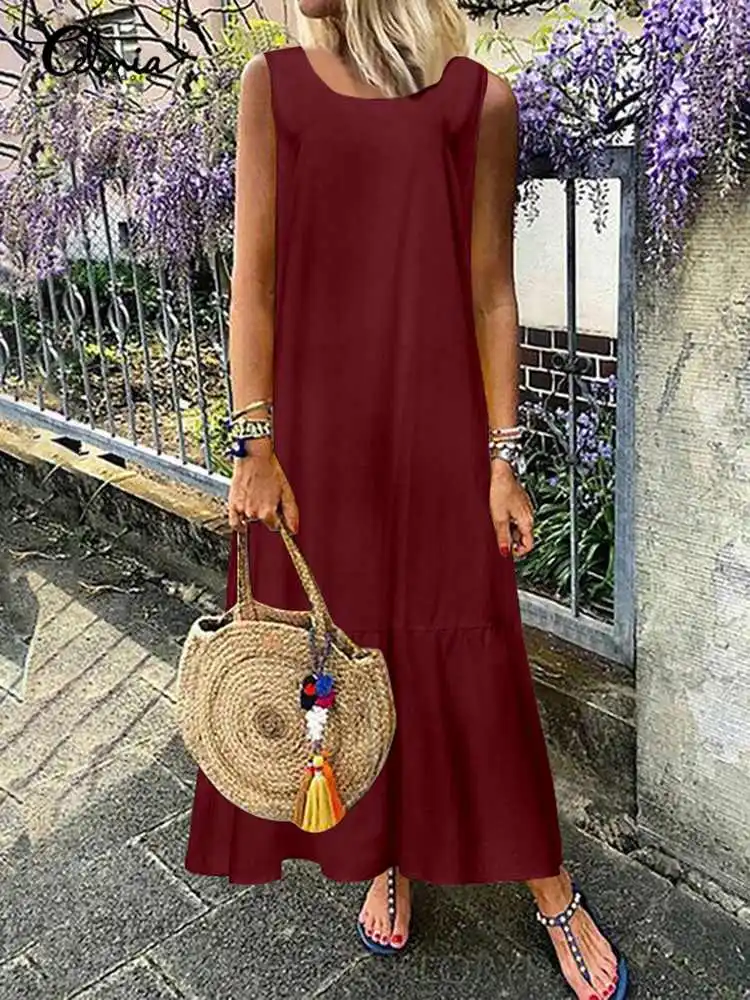 Celmia Women Sundress 2023 Fashion Sexy Sleeveless Maxi Long Summer Dress Female Casual Loose Cotton Ruffles Beach Vestidos - Image 2
