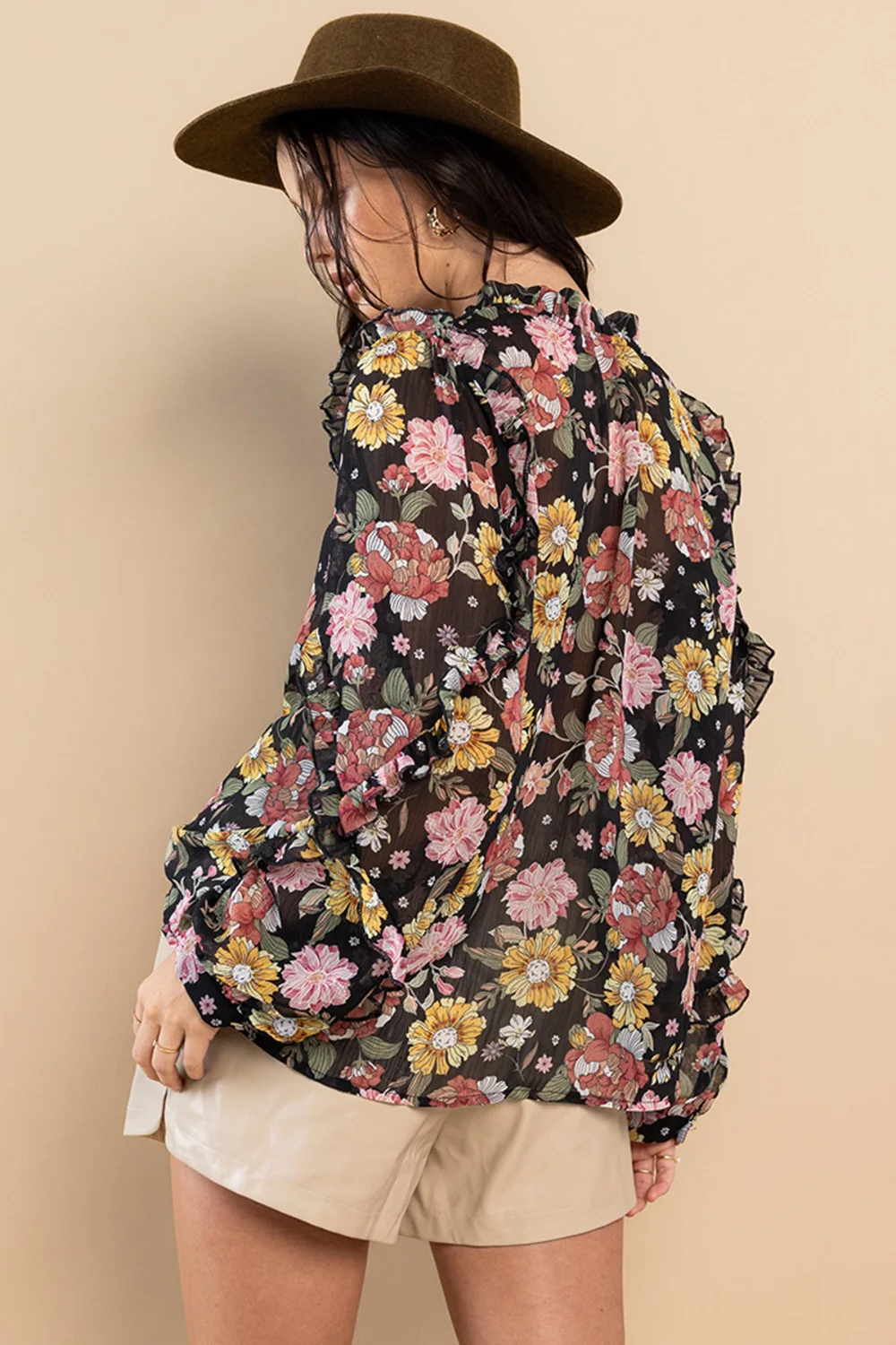 Ces Femme Ruffle Trim Long Sleeve Floral Blouse - Image 2