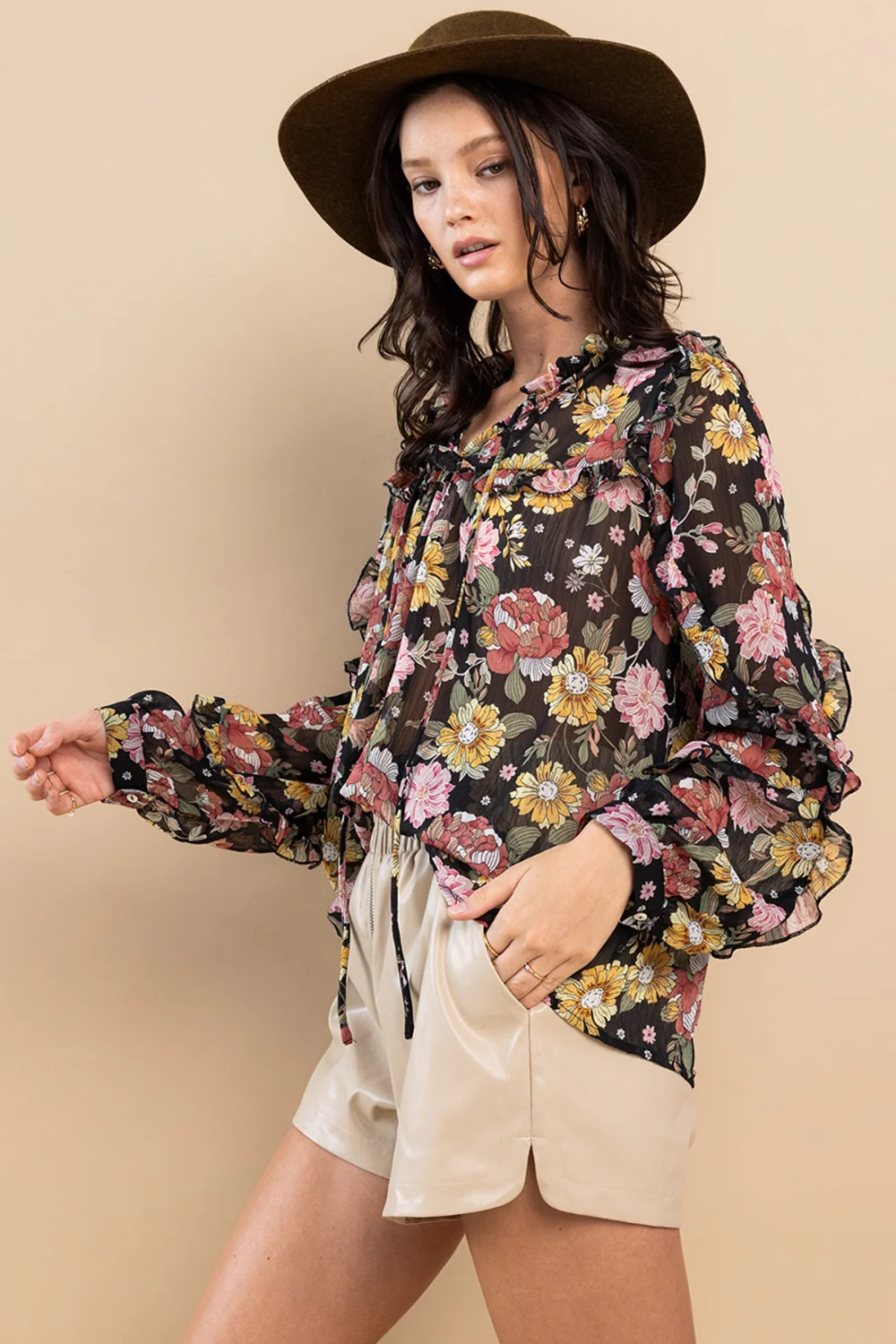 Ces Femme Ruffle Trim Long Sleeve Floral Blouse - Image 3