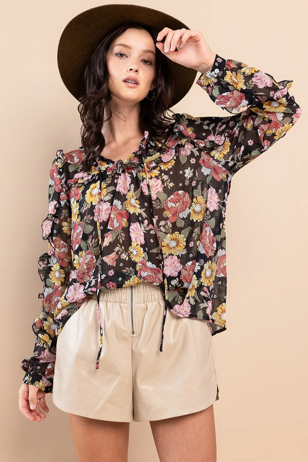 Ces Femme Ruffle Trim Long Sleeve Floral Blouse - Image 4