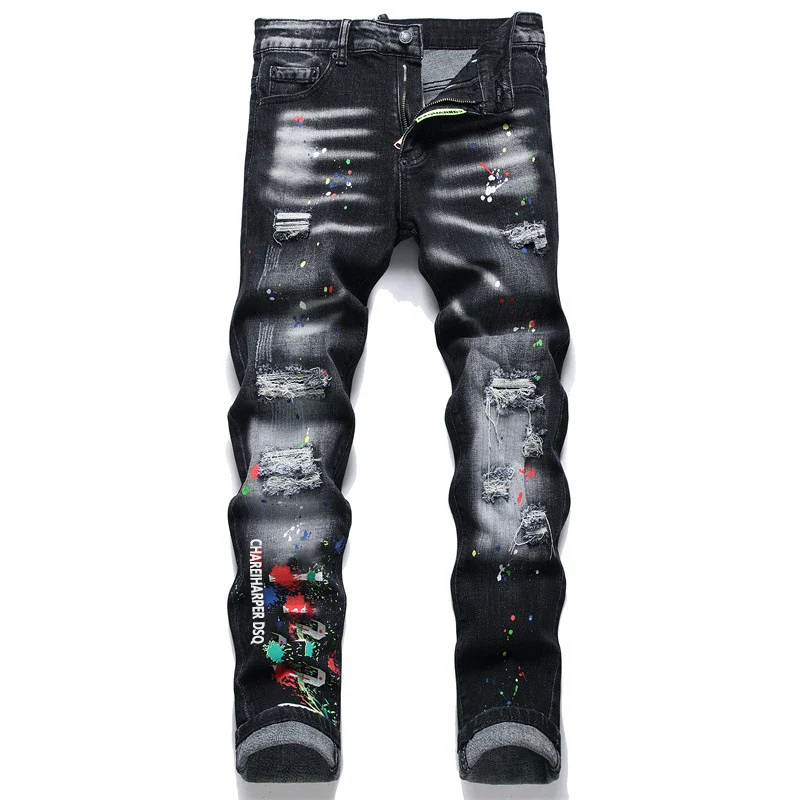 chareiharper DSQ 1347 Men's Jeans Straight Fit Elastic Cotton Black Paint Wash Water Tear Tear Process Italian Design men Jeans - Image 2