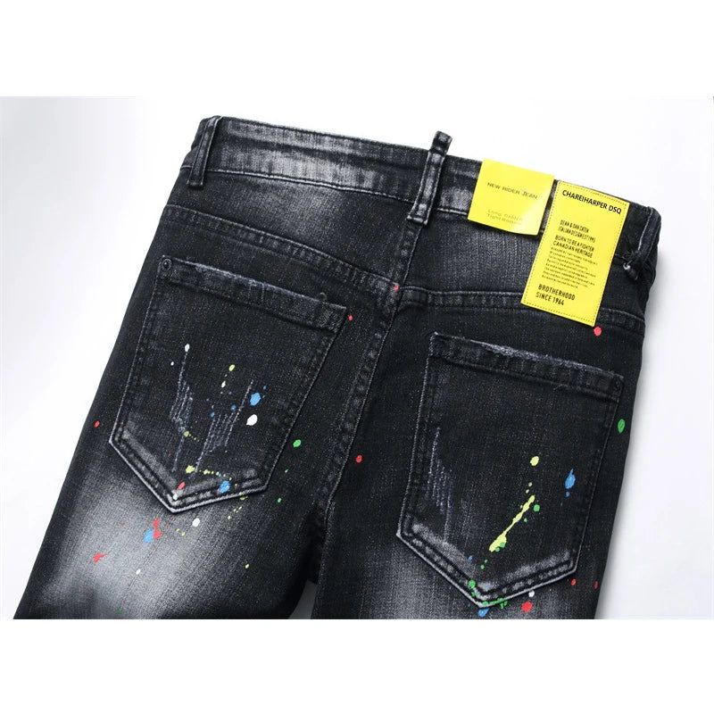 chareiharper DSQ 1347 Men's Jeans Straight Fit Elastic Cotton Black Paint Wash Water Tear Tear Process Italian Design men Jeans - Image 4