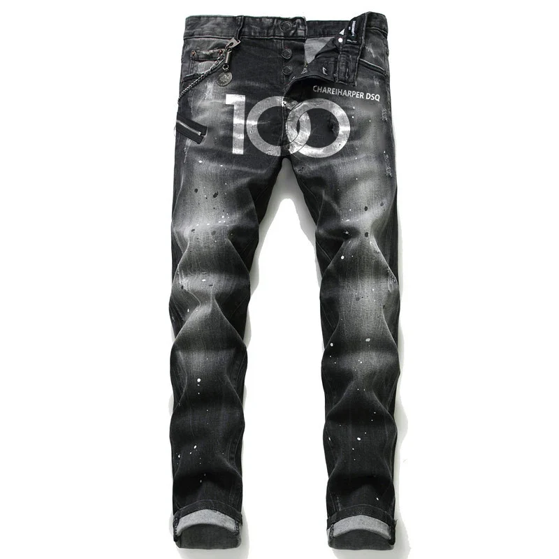 Chareiharper dsq1058 men`s Jeans slim black printed metal pendant cotton elastic small straight tube classic men's fashion brand - Image 3