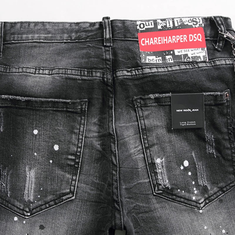Chareiharper dsq1058 men`s Jeans slim black printed metal pendant cotton elastic small straight tube classic men's fashion brand - Image 4