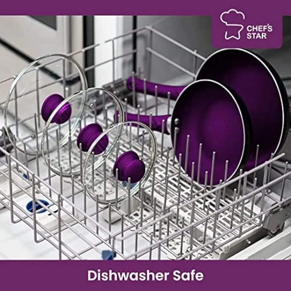 Chef's Star Pots And Pans Set Kitchen Cookware Sets Nonstick Aluminum Cooking Essentials 11 Pieces Purple - Image 4