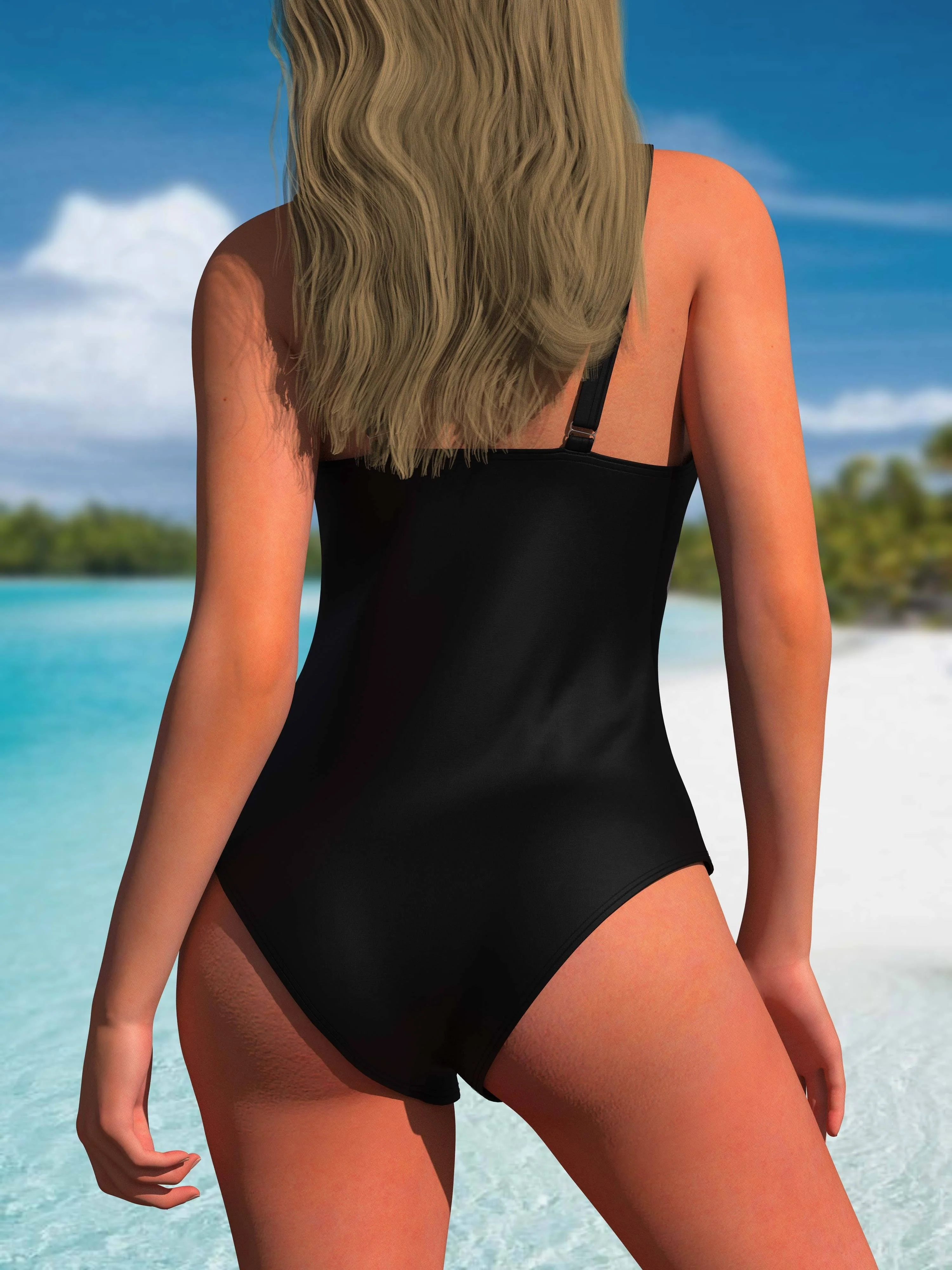 Chic Black & White Color Block V-Neck One-Piece Swimsuit - Stretchy, Slimming & Retro Style - Womens Bathing Suit for a Flattering Beach Look - Image 2