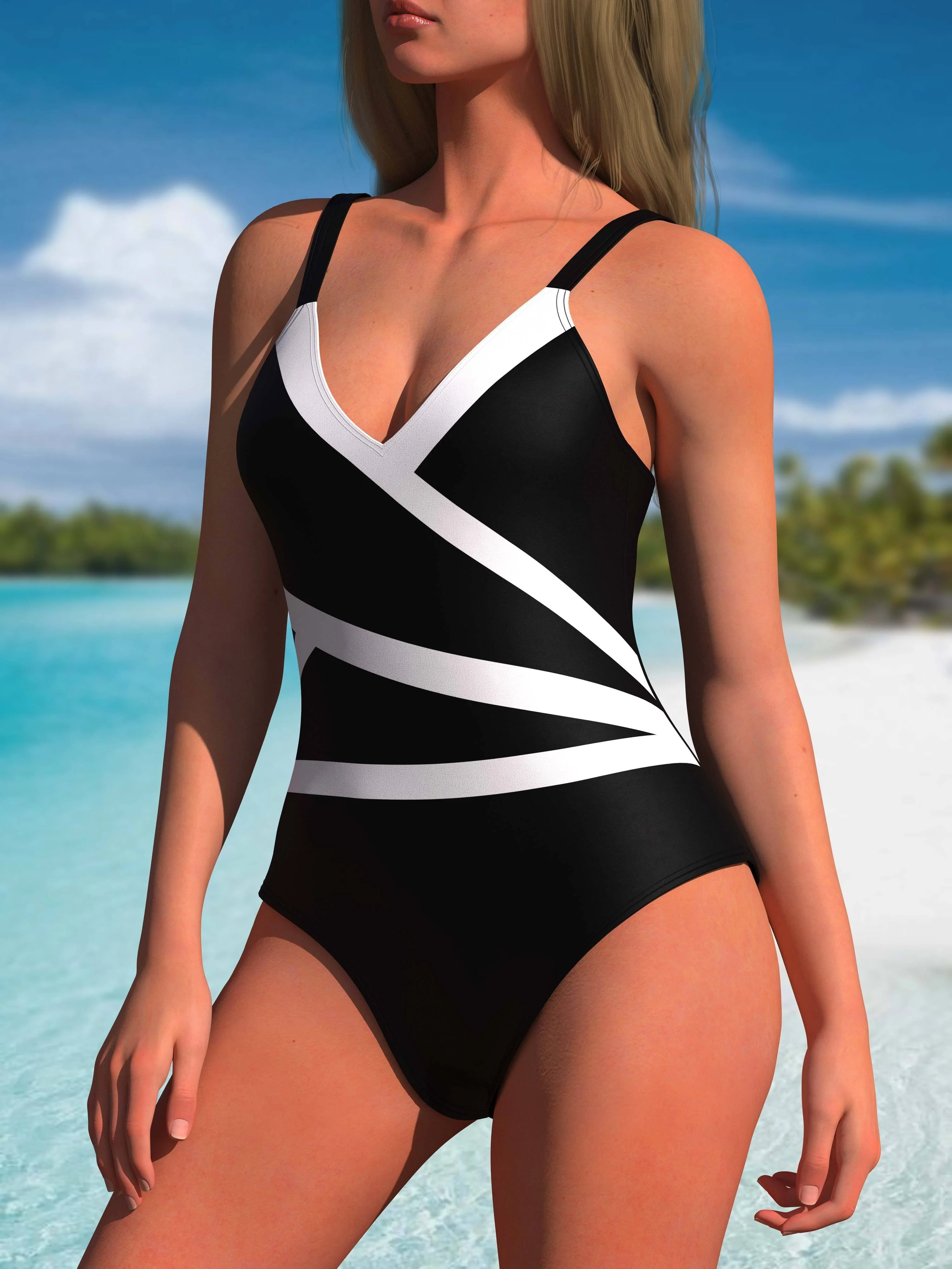 Chic Black & White Color Block V-Neck One-Piece Swimsuit - Stretchy, Slimming & Retro Style - Womens Bathing Suit for a Flattering Beach Look - Image 5