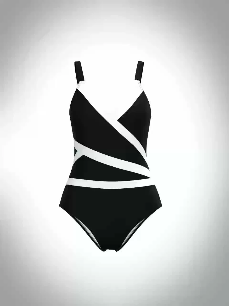 Chic Black & White Color Block V-Neck One-Piece Swimsuit - Stretchy, Slimming & Retro Style - Womens Bathing Suit for a Flattering Beach Look - Image 6
