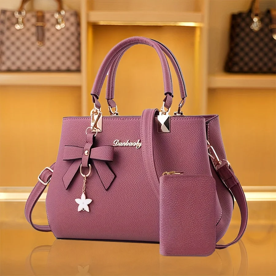 Chic Bow Decor Handbag for Women - Versatile Top Handle Satchel with Coin Purse, Adjustable Strap, And Zip Closure - Available in Khaki, Dark Pink, Light, - Synthetic Material with Acrylic Lining, Cute Handbag - Image 5