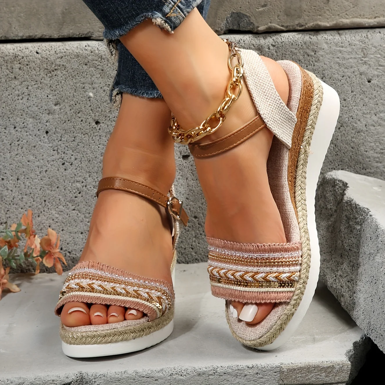 Chic Braided Wedge Sandals - Open Toe Ankle Buckle Adjustables - Elastic Slingback Comfort - Boho Summer Style - Image 14