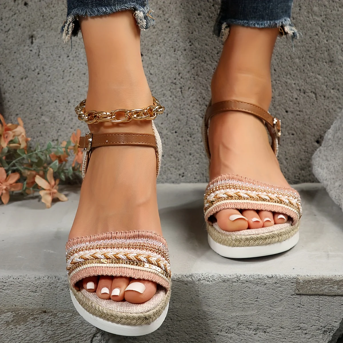 Chic Braided Wedge Sandals - Open Toe Ankle Buckle Adjustables - Elastic Slingback Comfort - Boho Summer Style - Image 9
