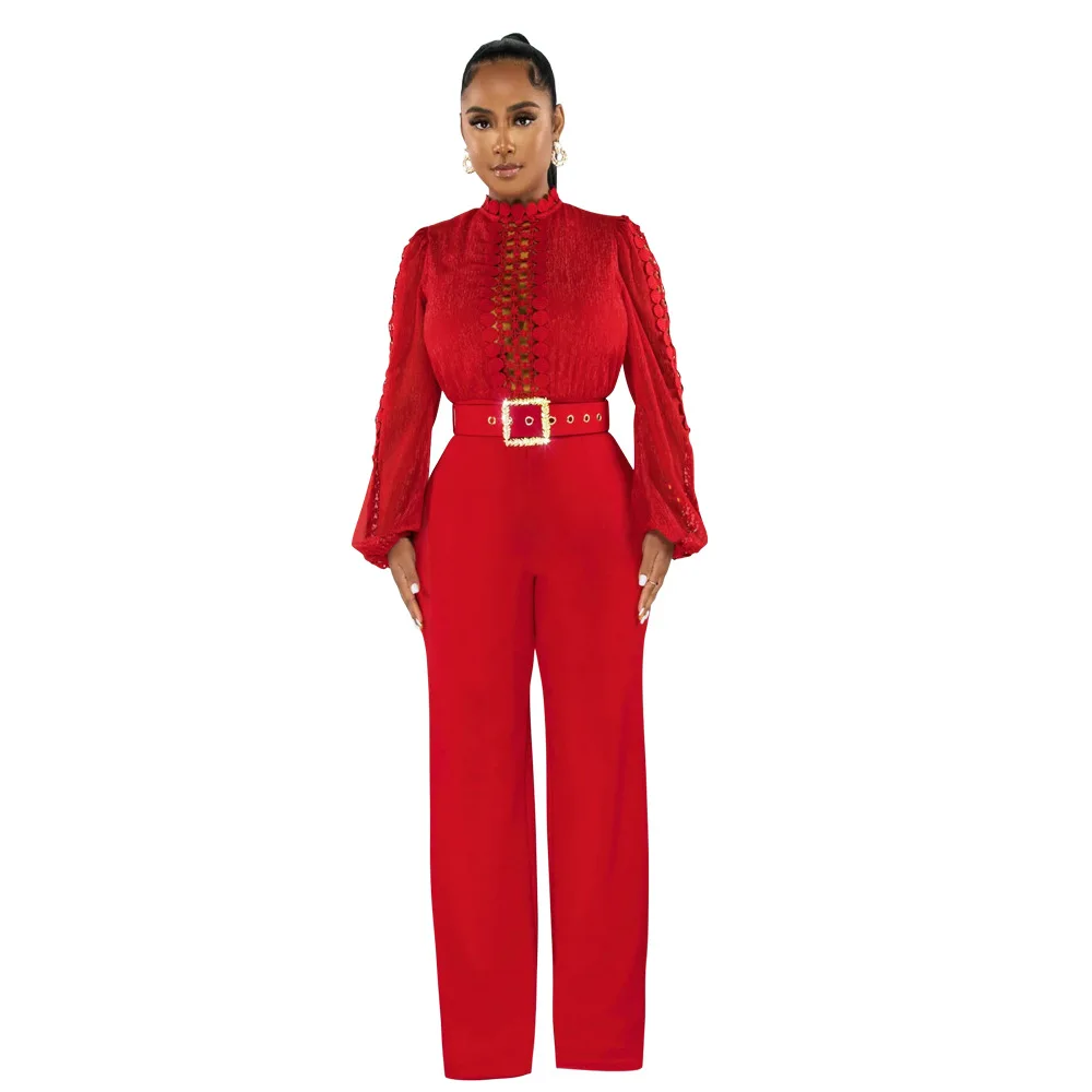 Chic Elegant Jumpsuits for Women High Neck Long Sleeve Hollow Out Top High Waist Straight Long Pant Party Club Wear with Belt - Image 9