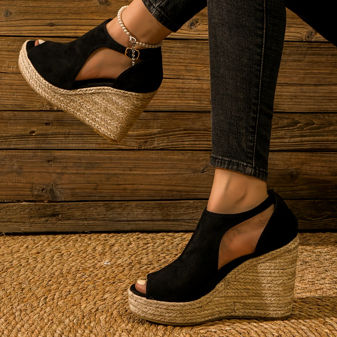 Chic Espadrille Wedge Sandals - Stylish Peep Toe with Cut-out Detail, Adjustable Buckle Strap, Stiletto Heels, and Comfortable Platform - Perfect Trendy Footwear for Your Summer Holiday - Image 3