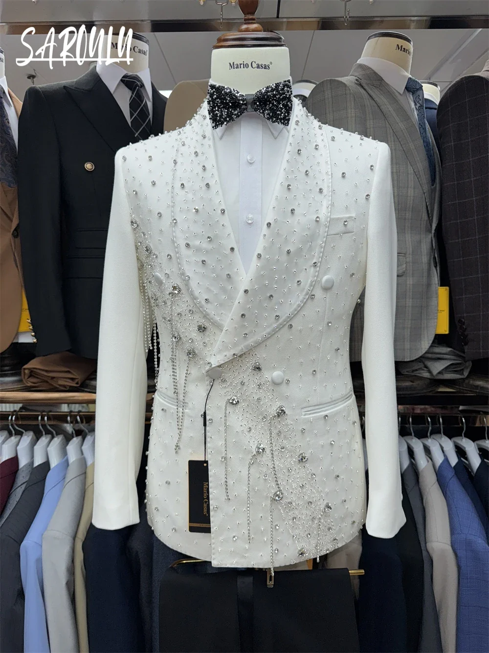 Chic Handsome Dancing Men's 2-pieces Date Suit Set Hot Sale Shawl Lapel Gorgeous Tassel Jacket Pants Wedding Party Groom Wear