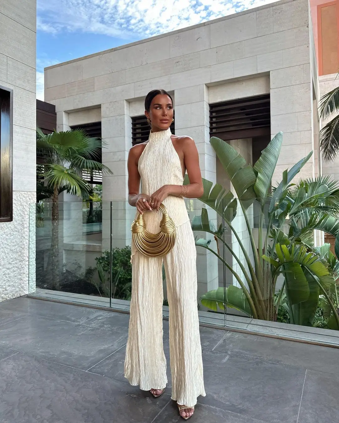 Chic Hanging Neck Backless Women's Pants Set Sexy Scarf Collar Off Shoulder Diagonal Top Suit 2023 Autumn Lady Elegant Outfit - Image 5