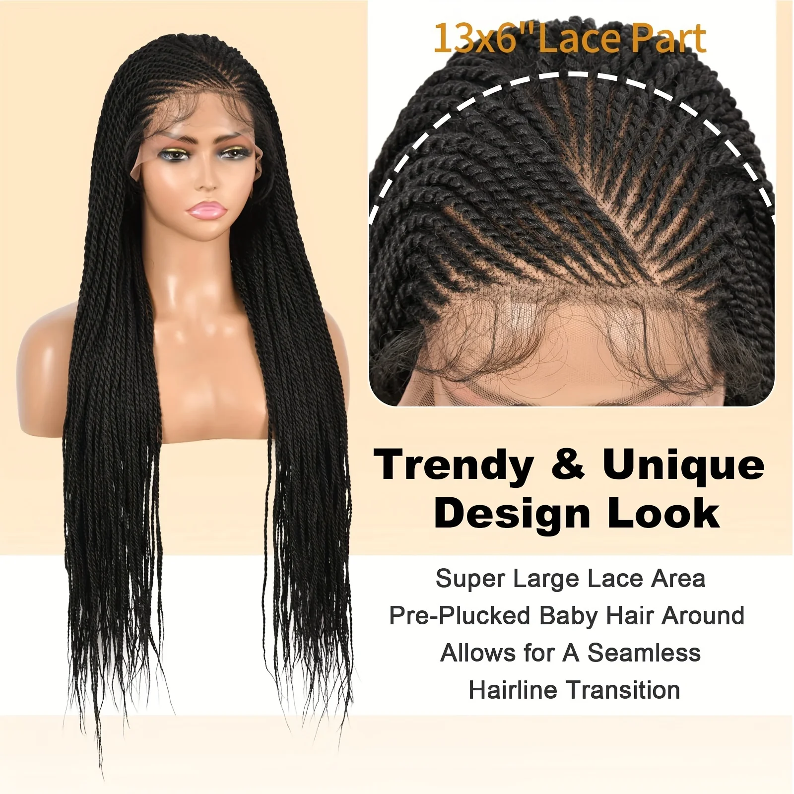 Chic Lace Front Braided Wig For Women - 180% Density, Synthetic Twist Box Braids With Youngsters Hair, Straight Texture, 13X6 Cap - Image 2