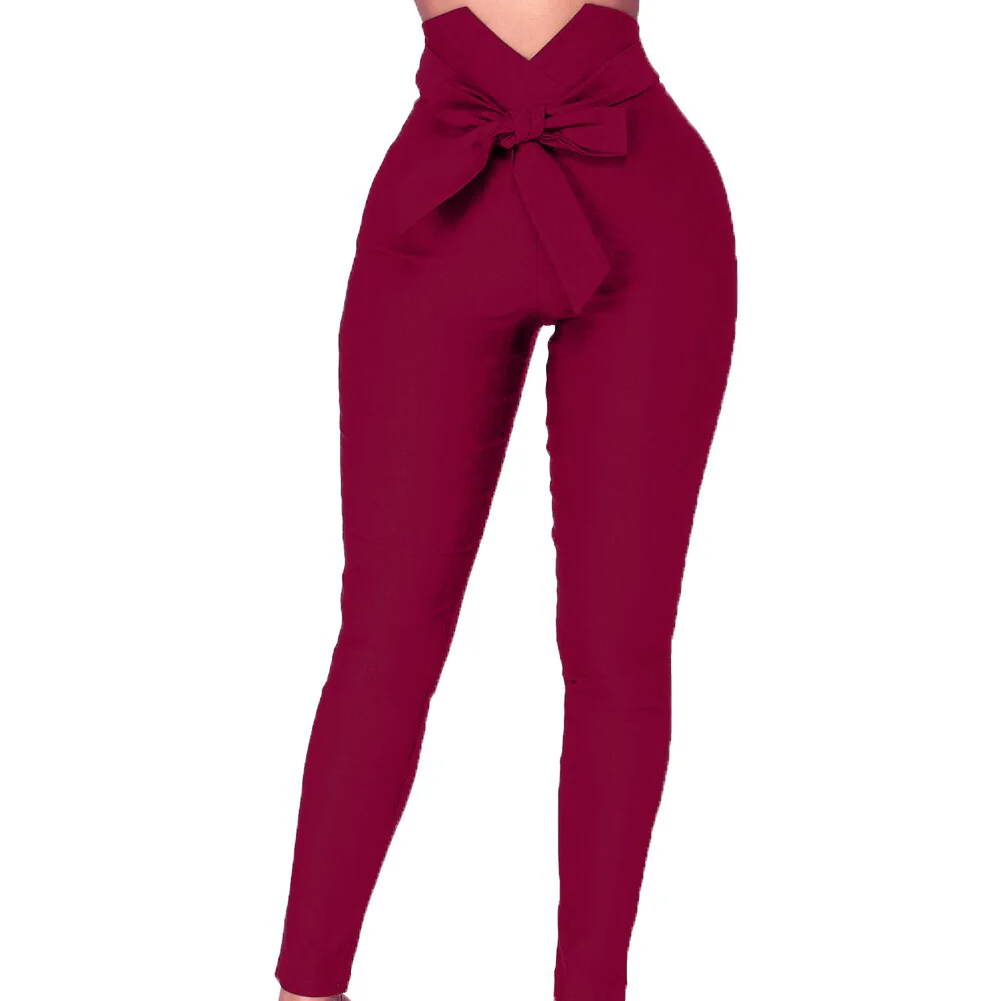 Chic Lady Solid Color High Waist Bow Belt Elastic Women Pencil Pants Trousers Waist Bow Belt Elastic Slim-Fit Pencil Pants - Image 3