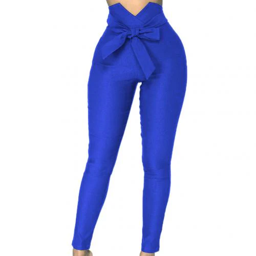 Chic Lady Solid Color High Waist Bow Belt Elastic Women Pencil Pants Trousers Waist Bow Belt Elastic Slim-Fit Pencil Pants - Image 4