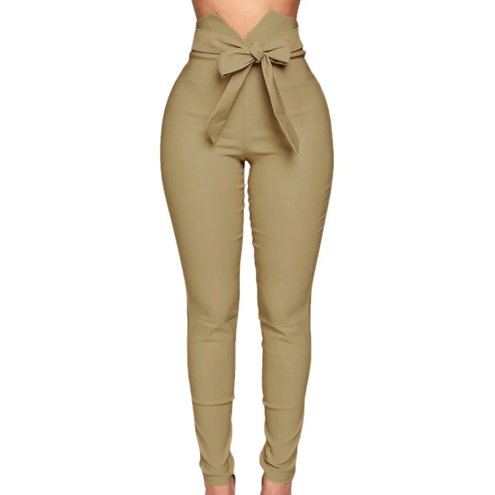 Chic Lady Solid Color High Waist Bow Belt Elastic Women Pencil Pants Trousers Waist Bow Belt Elastic Slim-Fit Pencil Pants - Image 5