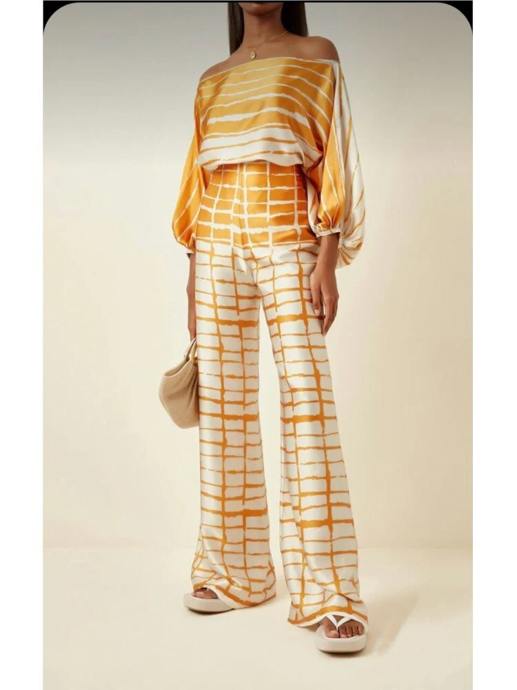 Chic Print Lantern Sleeve Satin Top Wide Leg Pant Suit Women Sexy Off Shoulder Long Sleeve 2 Piece Set Casual Office Lady Outfit - Image 11
