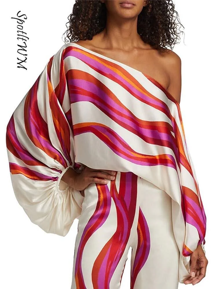 Chic Print Lantern Sleeve Satin Top Wide Leg Pant Suit Women Sexy Off Shoulder Long Sleeve 2 Piece Set Casual Office Lady Outfit - Image 13