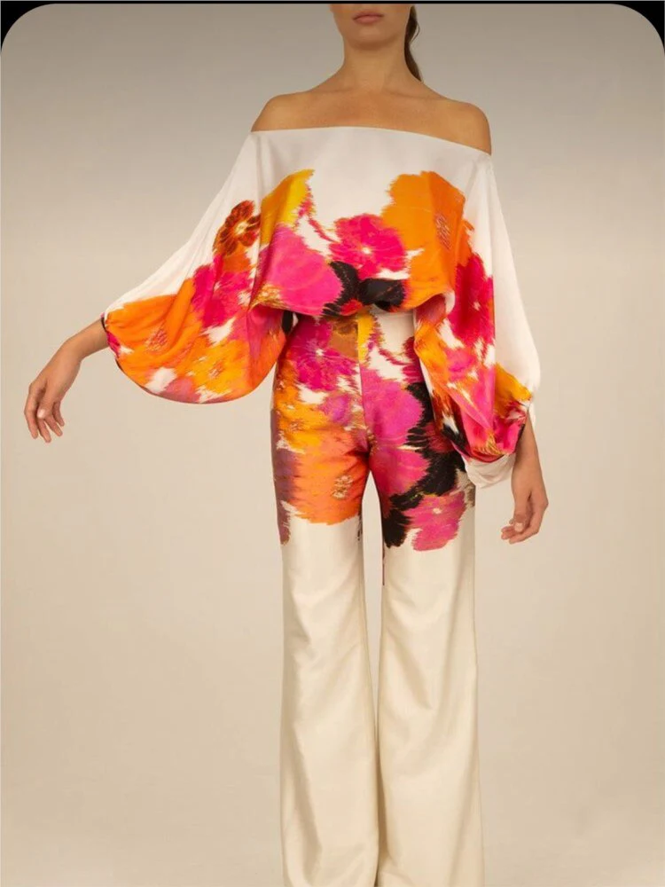 Chic Print Lantern Sleeve Satin Top Wide Leg Pant Suit Women Sexy Off Shoulder Long Sleeve 2 Piece Set Casual Office Lady Outfit - Image 14