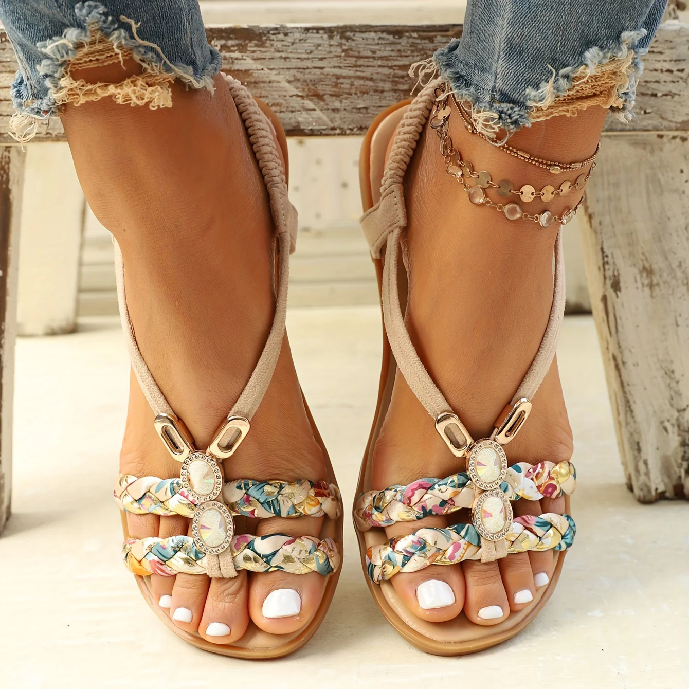 Chic Womens Ethnic Style Braided Sandals - Fashionable Slip-On Design for Outdoor Comfort - Handcrafted Flat Sandals with Cushioned Ease - Image 16