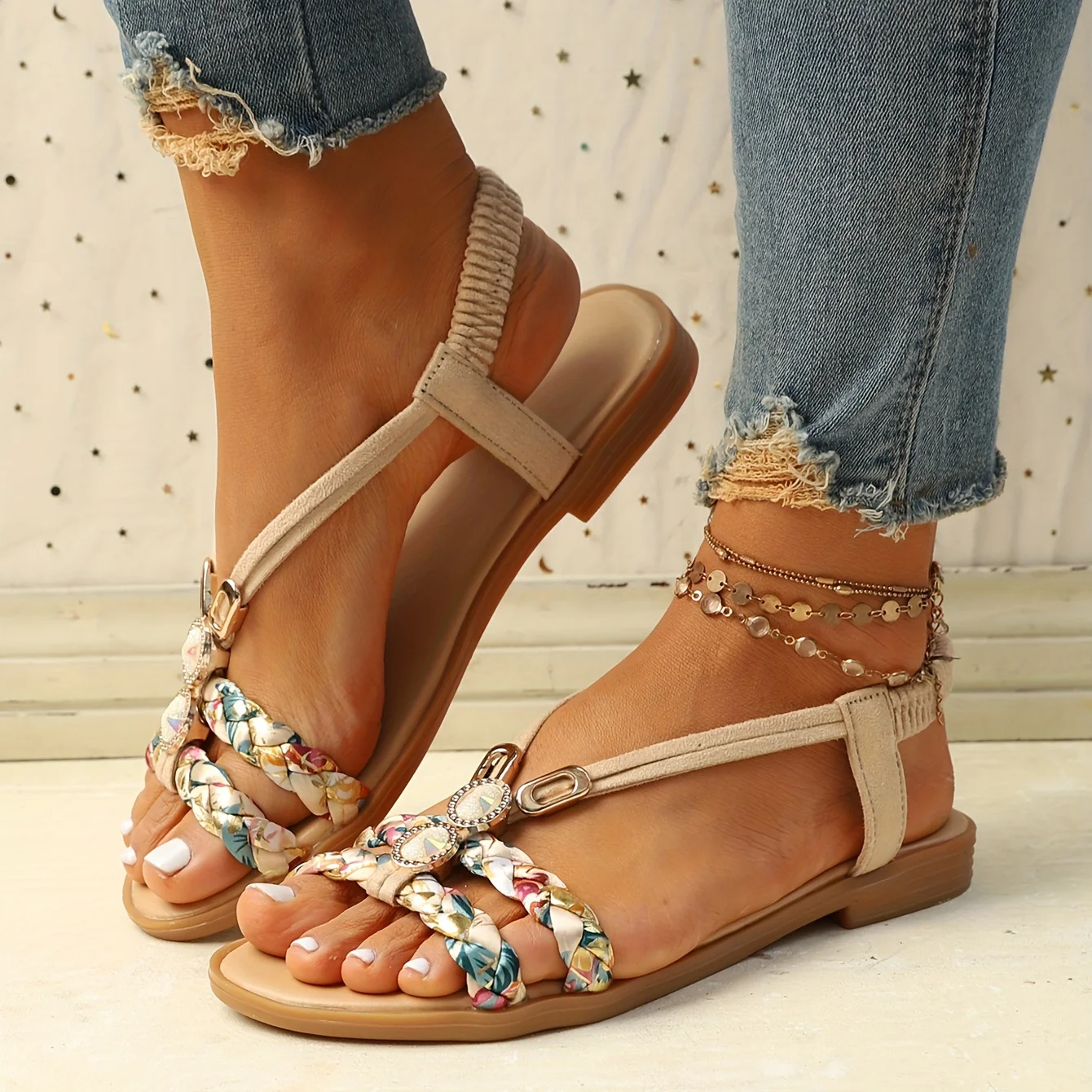 Chic Womens Ethnic Style Braided Sandals - Fashionable Slip-On Design for Outdoor Comfort - Handcrafted Flat Sandals with Cushioned Ease - Image 2