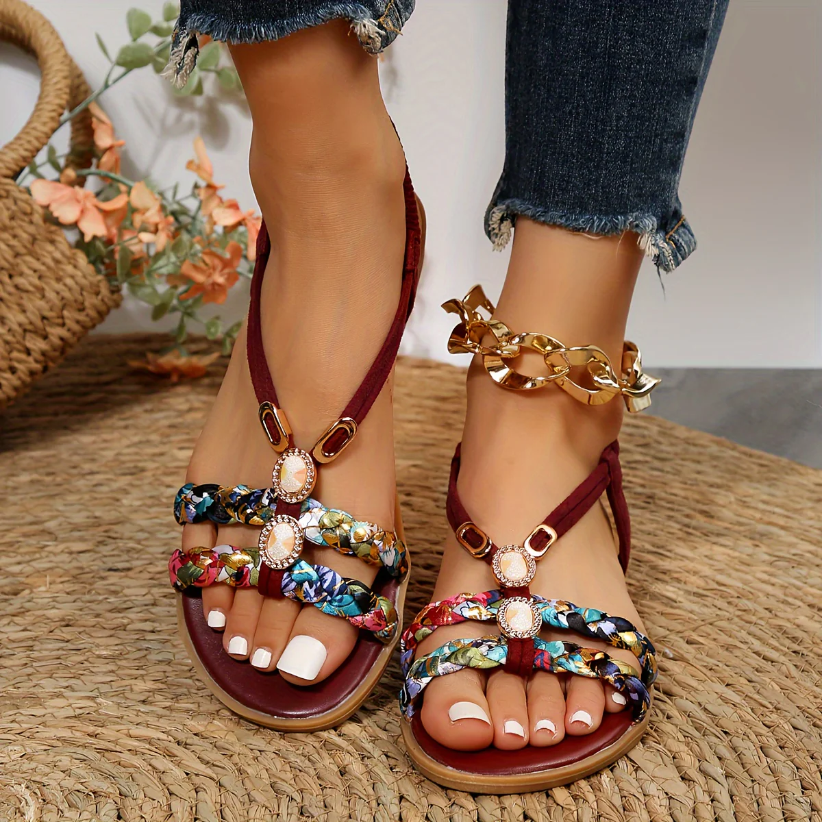 Chic Womens Ethnic Style Braided Sandals - Fashionable Slip-On Design for Outdoor Comfort - Handcrafted Flat Sandals with Cushioned Ease - Image 22