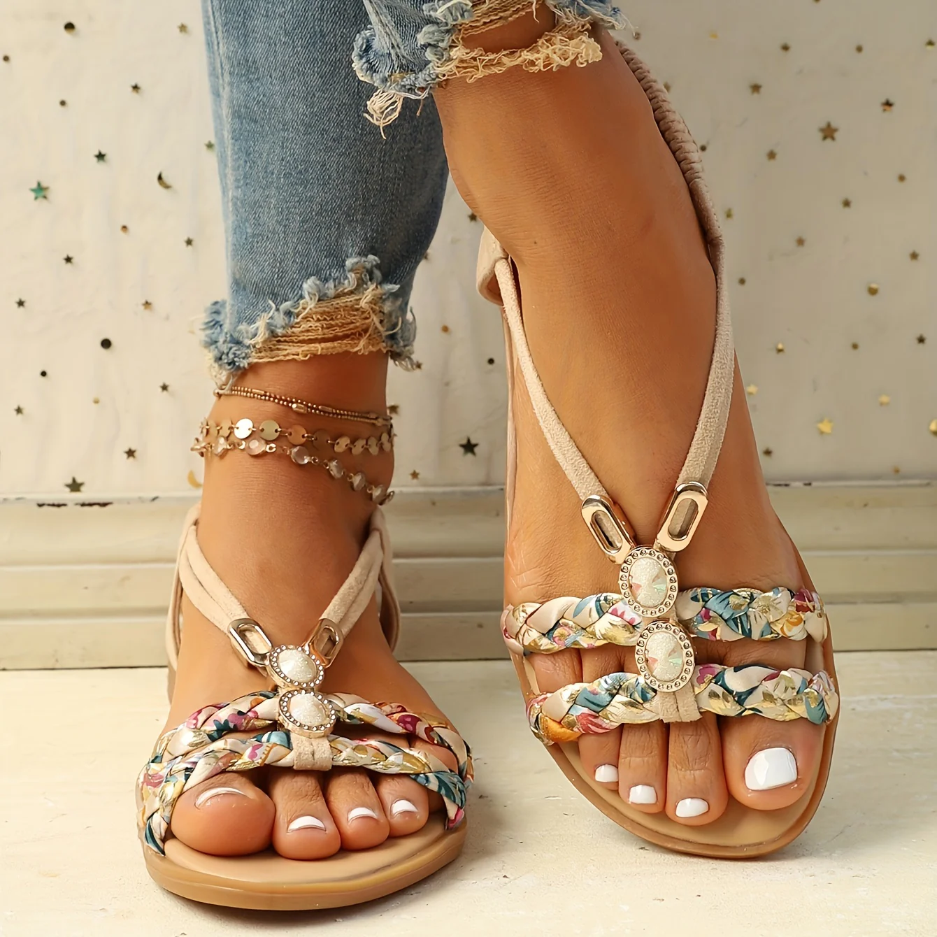Chic Womens Ethnic Style Braided Sandals - Fashionable Slip-On Design for Outdoor Comfort - Handcrafted Flat Sandals with Cushioned Ease - Image 3