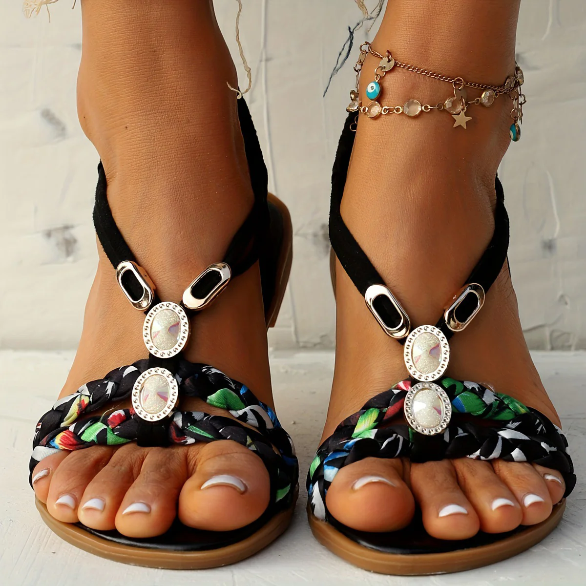 Chic Womens Ethnic Style Braided Sandals - Fashionable Slip-On Design for Outdoor Comfort - Handcrafted Flat Sandals with Cushioned Ease - Image 34