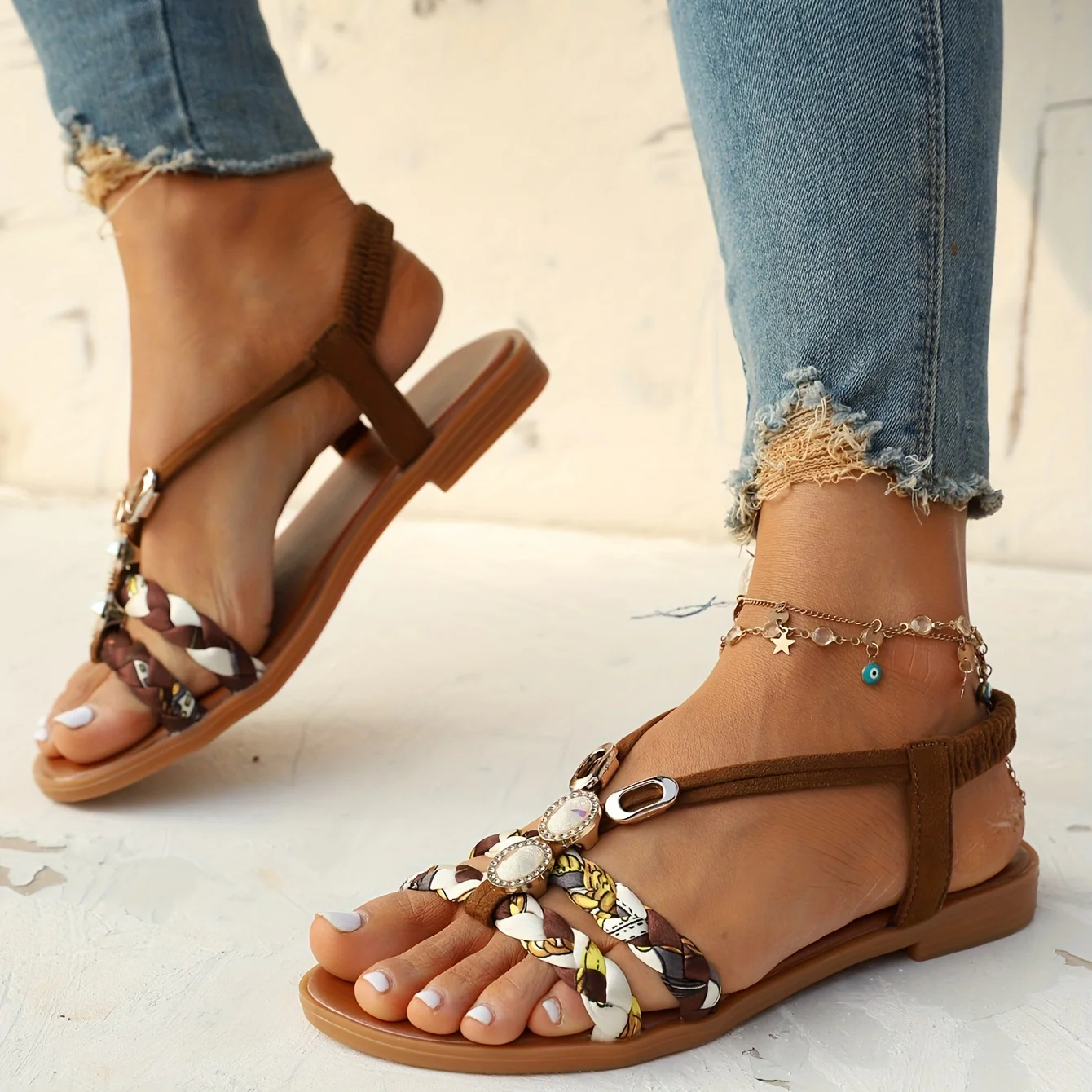 Chic Womens Ethnic Style Braided Sandals - Fashionable Slip-On Design for Outdoor Comfort - Handcrafted Flat Sandals with Cushioned Ease - Image 6