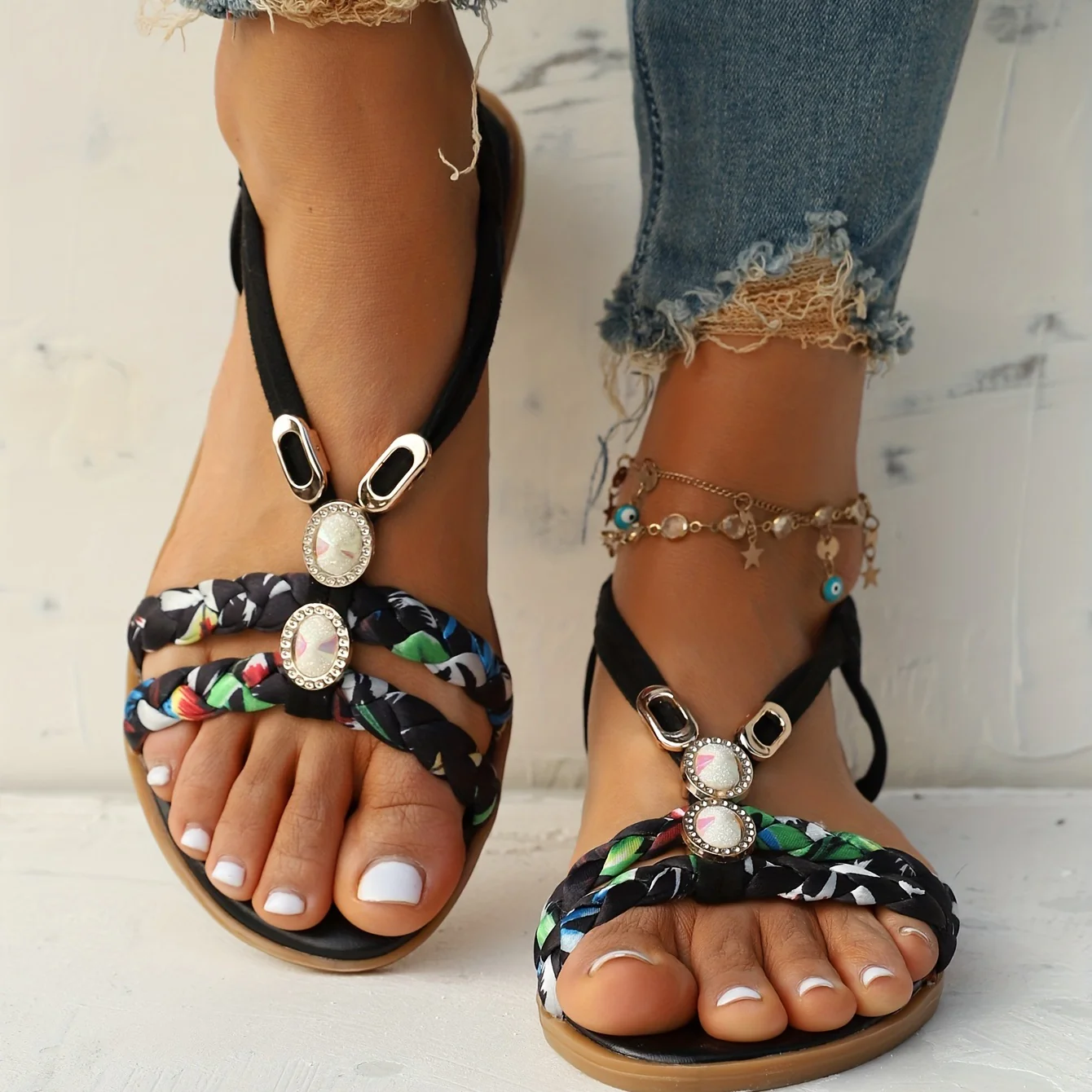 Chic Womens Ethnic Style Braided Sandals - Fashionable Slip-On Design for Outdoor Comfort - Handcrafted Flat Sandals with Cushioned Ease - Image 7