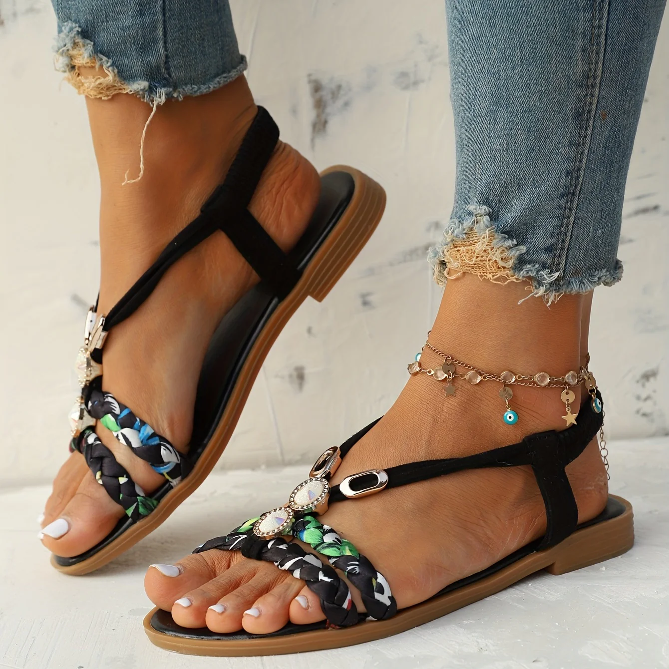 Chic Womens Ethnic Style Braided Sandals - Fashionable Slip-On Design for Outdoor Comfort - Handcrafted Flat Sandals with Cushioned Ease - Image 8