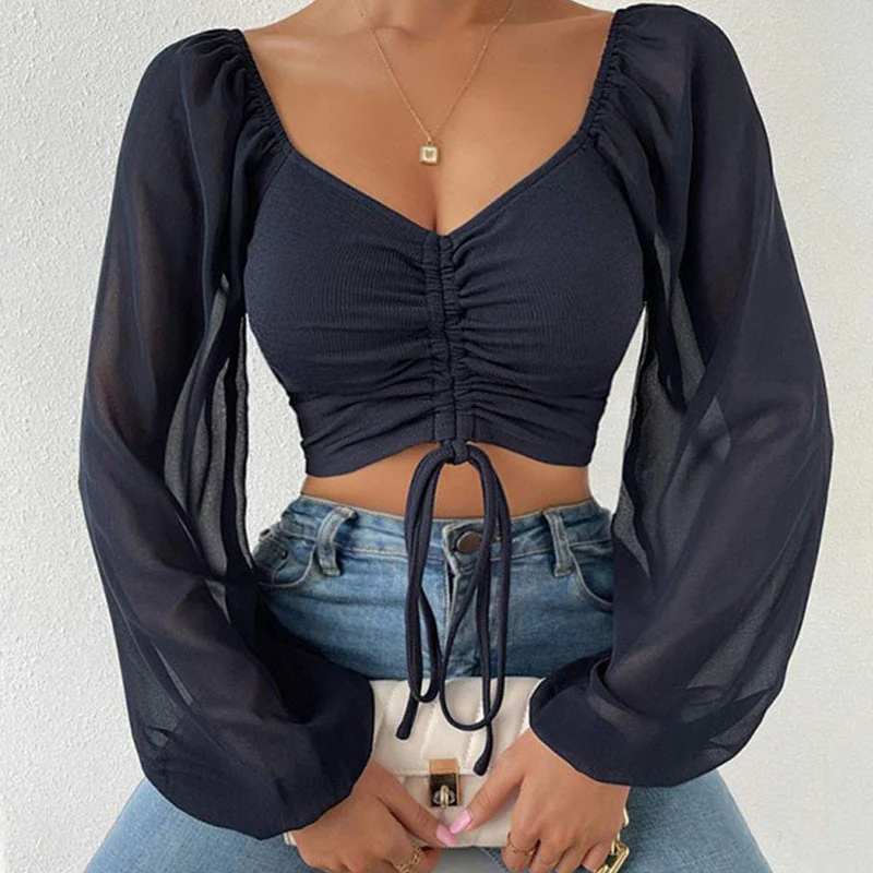 Chiffon Drawstring Crop Top Women Spring Summer Lantern Sleeve V-Neck Fashion Blouses Hight Street Skinny Sexy Shirt Y2K Clothes - Image 10