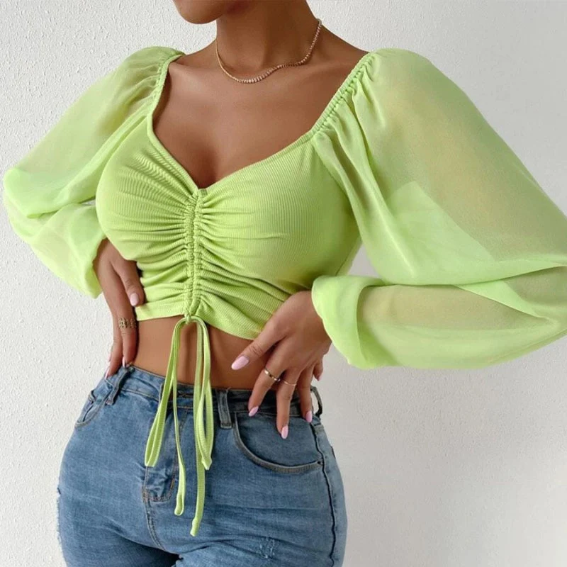 Chiffon Drawstring Crop Top Women Spring Summer Lantern Sleeve V-Neck Fashion Blouses Hight Street Skinny Sexy Shirt Y2K Clothes - Image 11