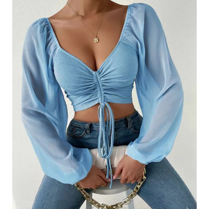 Chiffon Drawstring Crop Top Women Spring Summer Lantern Sleeve V-Neck Fashion Blouses Hight Street Skinny Sexy Shirt Y2K Clothes - Image 12