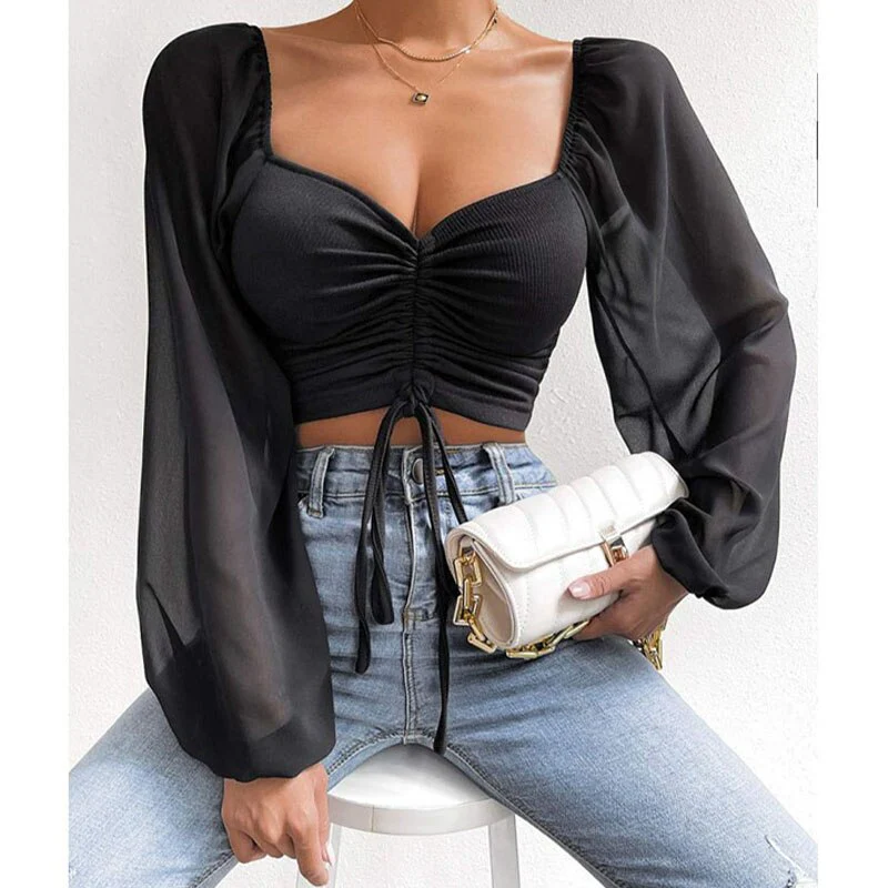 Chiffon Drawstring Crop Top Women Spring Summer Lantern Sleeve V-Neck Fashion Blouses Hight Street Skinny Sexy Shirt Y2K Clothes - Image 13