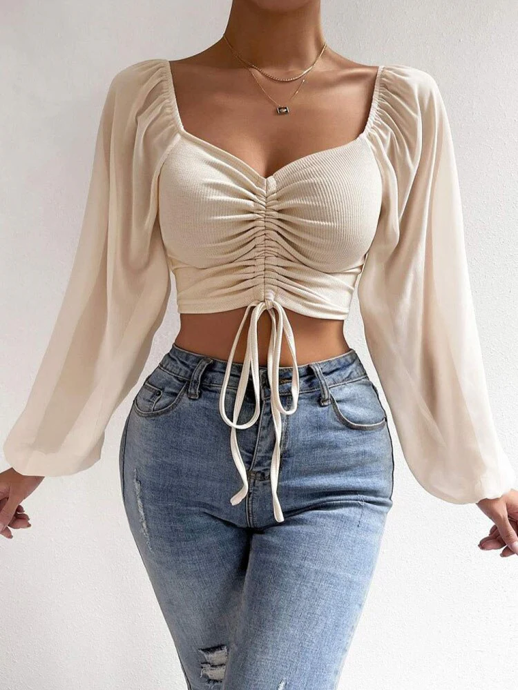 Chiffon Drawstring Crop Top Women Spring Summer Lantern Sleeve V-Neck Fashion Blouses Hight Street Skinny Sexy Shirt Y2K Clothes - Image 14