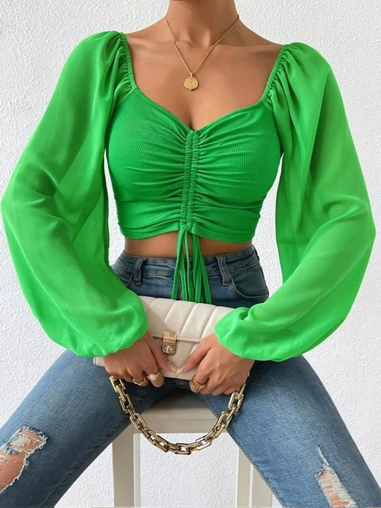 Chiffon Drawstring Crop Top Women Spring Summer Lantern Sleeve V-Neck Fashion Blouses Hight Street Skinny Sexy Shirt Y2K Clothes - Image 16