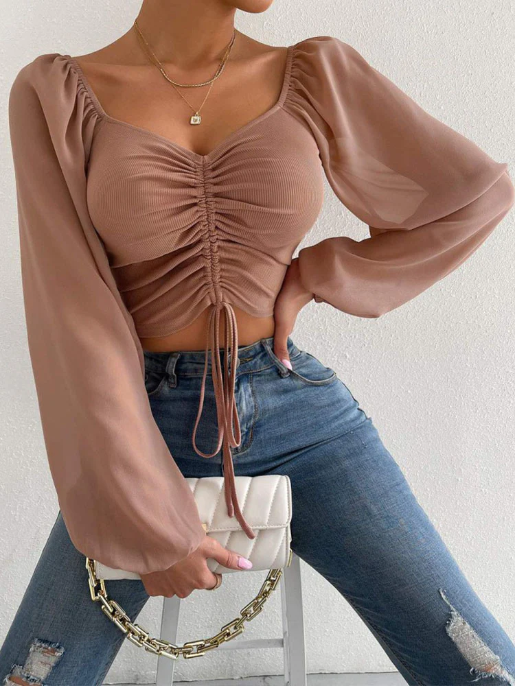 Chiffon Drawstring Crop Top Women Spring Summer Lantern Sleeve V-Neck Fashion Blouses Hight Street Skinny Sexy Shirt Y2K Clothes - Image 18