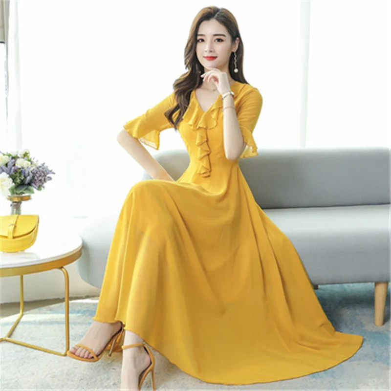 Chiffon dress 2020 Korean summer new fashion V-neck flared sleeves Slim was thin temperament big swing dress - Image 3