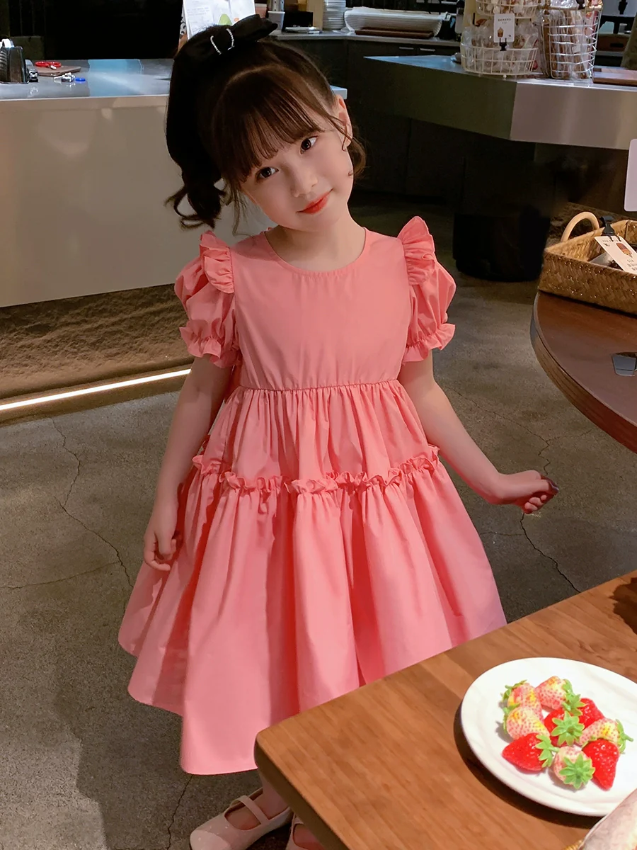 Children's Beautiful Back Stylish Puff Sleeve Dress Summer Clothes - Image 3