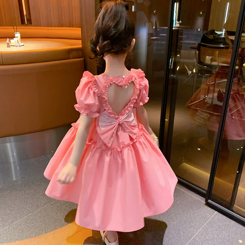 Children's Beautiful Back Stylish Puff Sleeve Dress Summer Clothes - Image 6