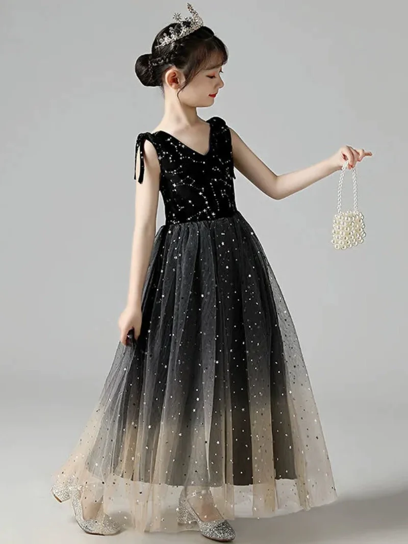 Children's Classy Black Dress Piano Performance Costume Girls Little Host Catwalk Show Girls Princess Dress - Image 2