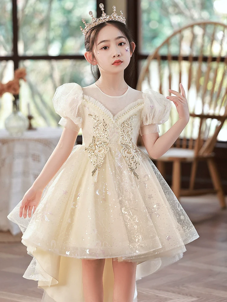 Children's Trailing Evening Dress Flower Girl Princess Dress Girls Host Wedding Dress Tulle Tutu Girls Costume for Piano Performance Summer - Image 2